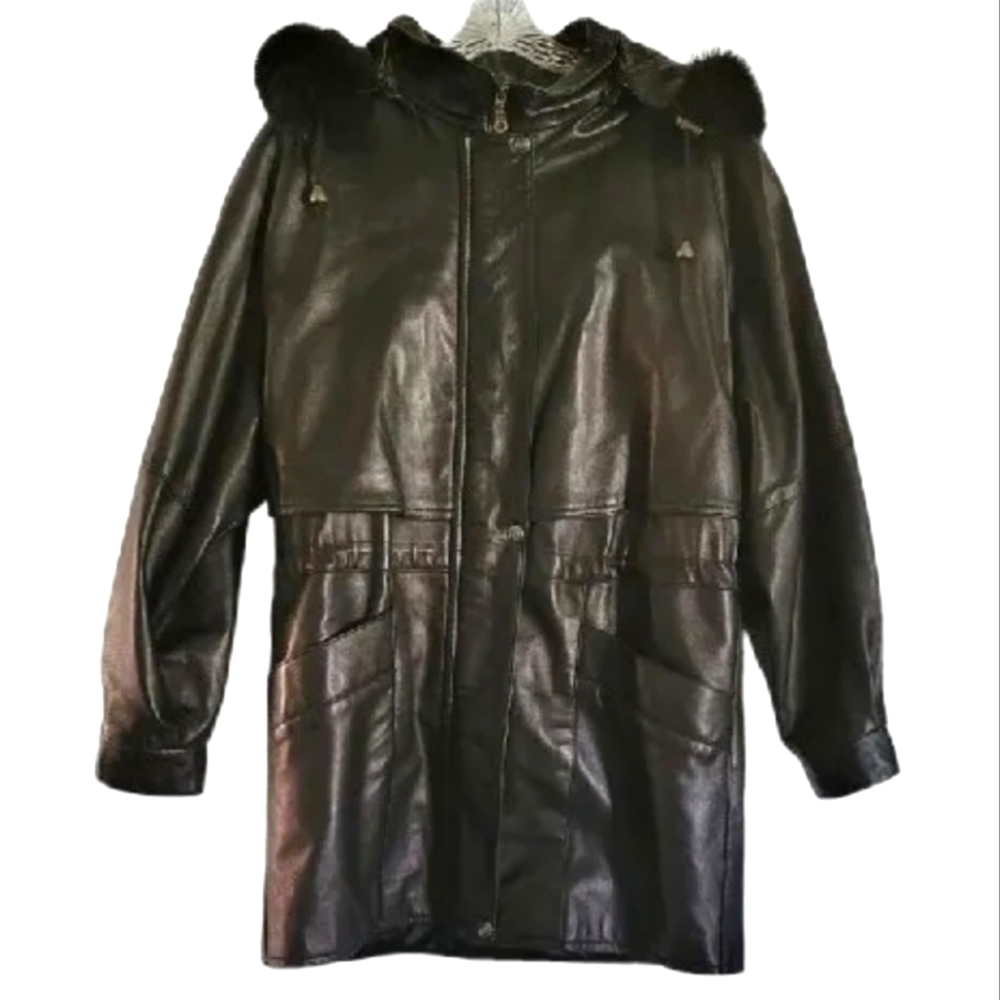 Angelina David Kadosh Black Leather Trench Coat Mink Fur Trim Penny Lane Vintage